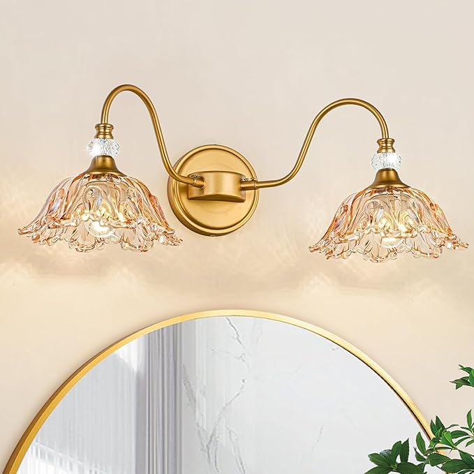 Vintage Bathroom Vanity Light, 2-Light Matte Brass Finish Vanity Light with Floral Amber Glass Shades, Retro Wall Sconce for Bathroom, Dressing Table