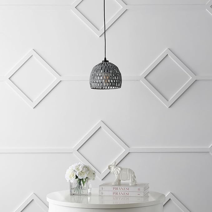 JONATHAN Y 8.25" Gray Modern Bohemian Woven Rope LED Pendant Light Fixture, Adjustable Dome Ceiling Lamp for Kitchen Island, Rope Shade, Coastal Farmhouse Decor (JYL6512D)