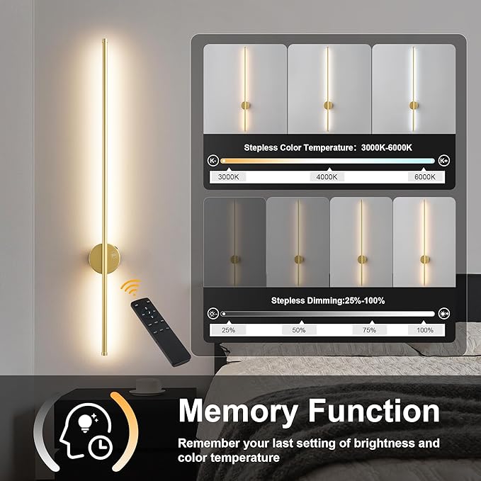 Motion Sensor Battery Operated Wall Sconce Set of Two - Modern Rechargeable Wireless Wall Lights with Remote Control, Dimmable, 3000K/4000K/6000K, Timer for Living Room, Hallway, Gold, 39.3 Inch
