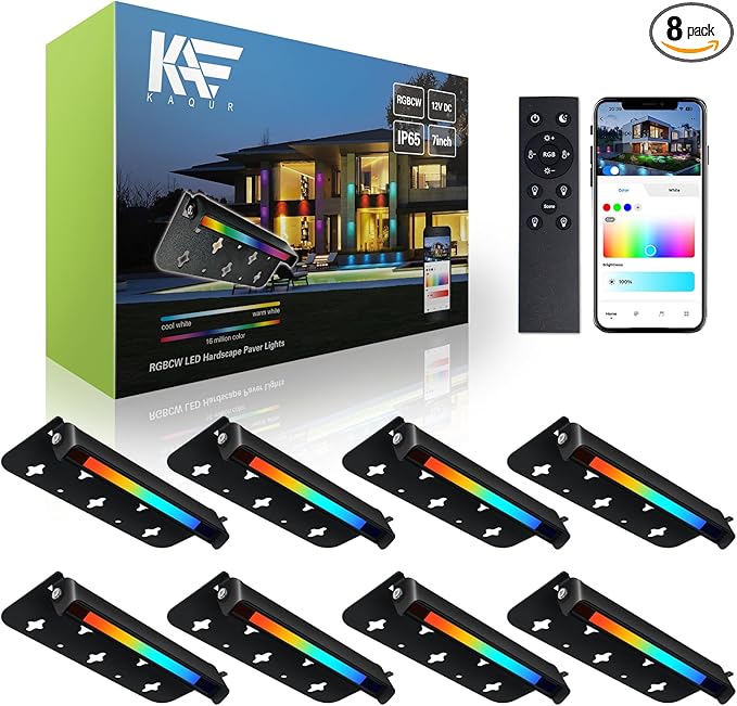 8 Pack 7 Inch 5W Retaining Wall Lights Outdoor, RGBCW LED Hardscape Lighting Color Changing, Low Voltage Landscape Lights 12V AC/DC, IP65 Waterproof Paver Lights Smart APP & Remote Control, FCC Listed