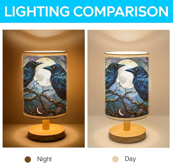 Raven and Crow Table Lamp LED 3-Color Pressed Bedside, Raven and Crow Shade Lamp with Wood Base for Bedroom Living Room Desk Office TL01