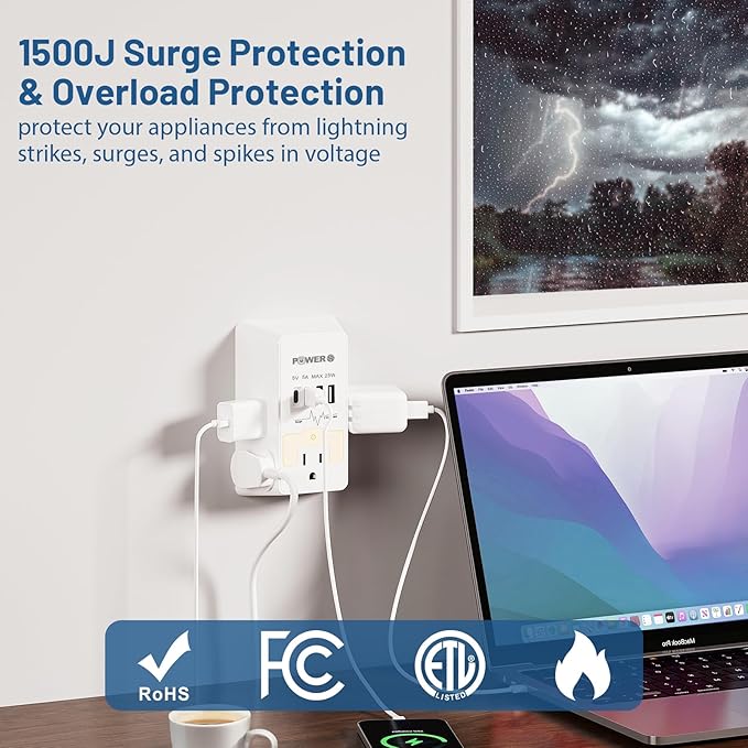 Multi Plug Wall Outlet with USB Ports(2C2A), Snug Wall Outlet with Night Light, Surge Protector, Wall Plug Adapter for Multiple Devices, Wall Socket Expander
