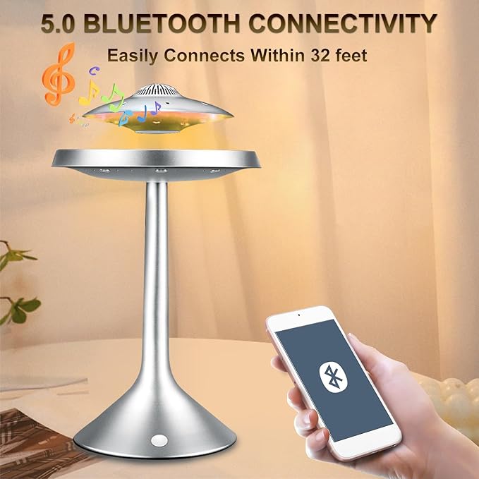 Magnetic Levitation Bluetooth UFO Speaker, Levitating UFO Speakers with Seven Color Night Lamp, Wireless Charging LED Lamp Bluetooth Speaker, 360°Rotating UFO Lamp (Silver)