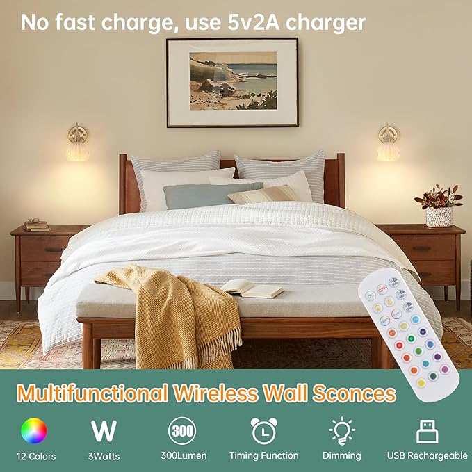Vintage Battery Operated Wall Sconce Set of 2, 5000mAh Rechargeable Wall Light, Indoor Battery Powered Wall Lamp for Bedside Bedroom Living Room, Tulip White