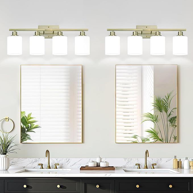 4-Light Bathroom Light Fixtures, Brass Vanity Light with Milky White Shades, Bathroom Lighting Fixtures Over Mirror, Modern Bathroom Wall Lamp for Mirror Living Room Cabinet Bedroom