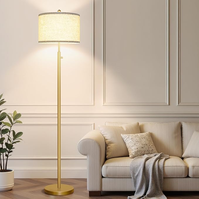 Nintiue 【Upgraded】 Dimmable Floor Lamp for Living Room, 11W LED Bulb Included, Modern Standing Lamp, Tall Pole Light with Linen Shade for Bedroom Reading Office Corner Nursery-Gold