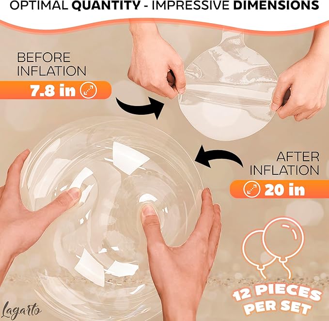 Clear Balloons for Stuffing – 12 Pack Large Clear Balloons, 20 Inch Transparent Helium Tpu Glossy Material – Bubble Balloon Design for Wedding Supplies, Birthday Decorations, Party Games & Photo Zones