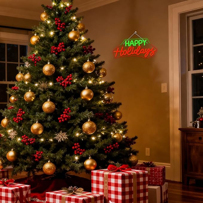 Horseneon Red Happy Holidays Neon Sign Merry Christmas Neon Signs for Wall Decor Christmas Tree Neon Light LED Sign with USB Powered for Party, Windows, Home Decor, Bedroom, Living room Warm