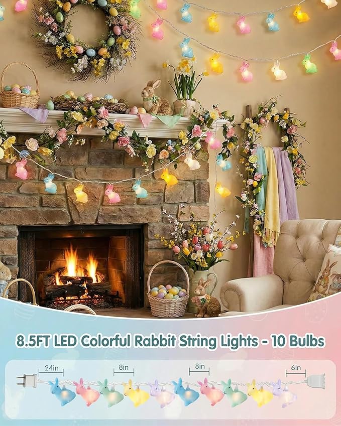 SUNSGNE Easter Cute Rabbit String Lights Bunny Fairy Lights, 8.5ft Easter Bunny Ornaments String Lights with 10 Multicolor Bunny Lights for Outdoor Indoor Room Bedroom Wall Home Decoration