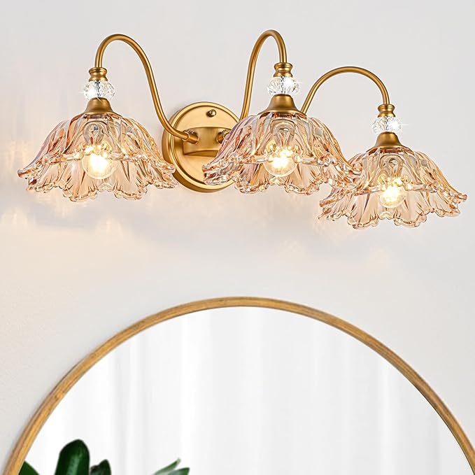 Vintage 3-Light Bathroom Vanity Light | Matte Brass & Flower Amber Glass Wall Sconce