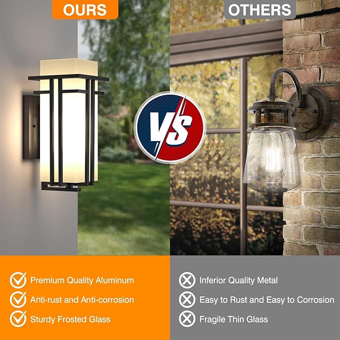 Outdoor Lighting Fixtures Wall Mount, Outdoor Wall Lights Modern with Frosted Glass, Aluminum Exterior Light for House Outdoor Wall Lantern for Garage Porch Carriage Patio (12.2''H, 1 pc)