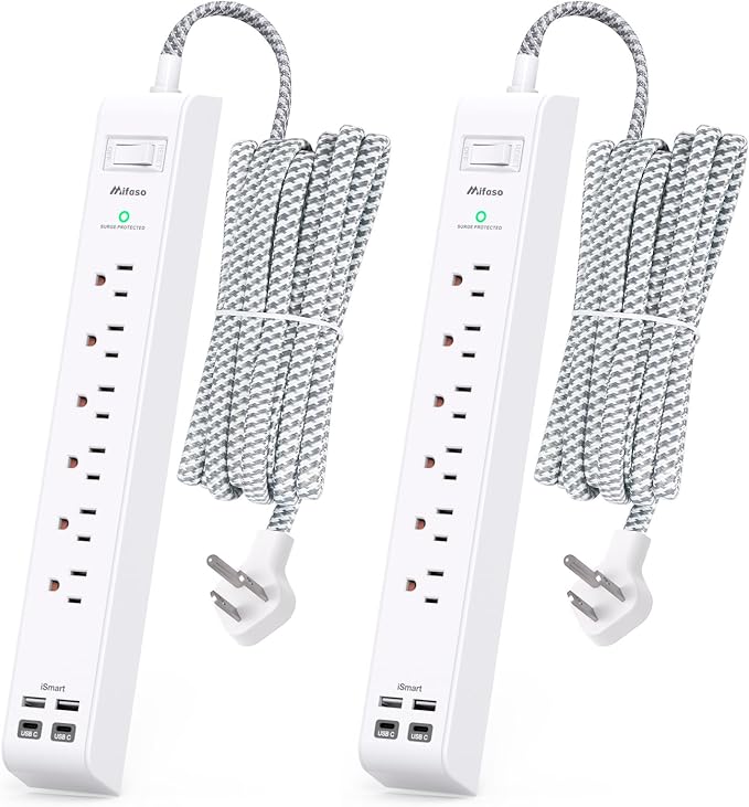 2 Pack 15Ft Extension Cord - Surge Protector Power Strip with 6 Outlets 4 USB Charging Ports, Flat Plug, Overload Protection, Office Supplies, Wall Mount for Home, Dorm Room Essentials