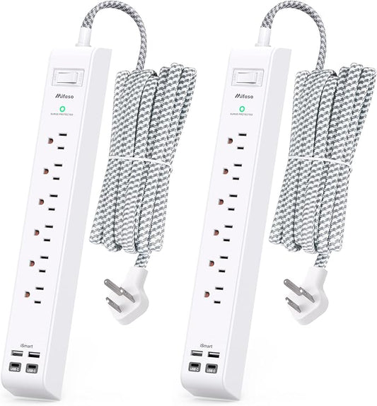 2 Pack 15Ft Extension Cord - Surge Protector Power Strip with 6 Outlets 4 USB Charging Ports, Flat Plug, Overload Protection, Office Supplies, Wall Mount for Home, Dorm Room Essentials