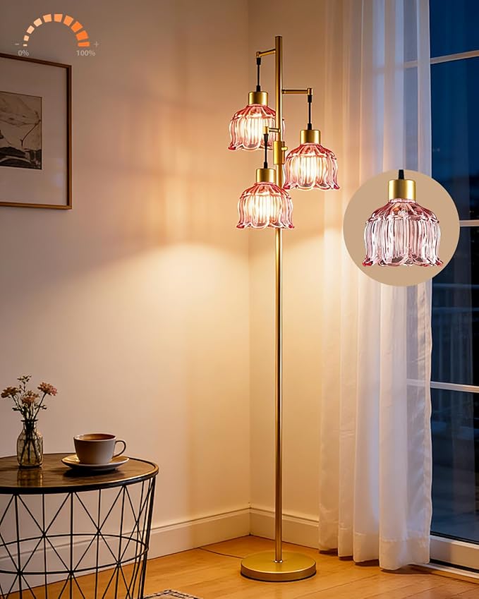 Lightdot 3-Light Flower Floor Lamps, 65'' Dimmable Floor Lamp with Rose Red Glass Shade& E12 Bulbs Included, Mid Century Standing Lamp for Living Room/Bedroom/Sofa Beside/Corner Decor-Gold