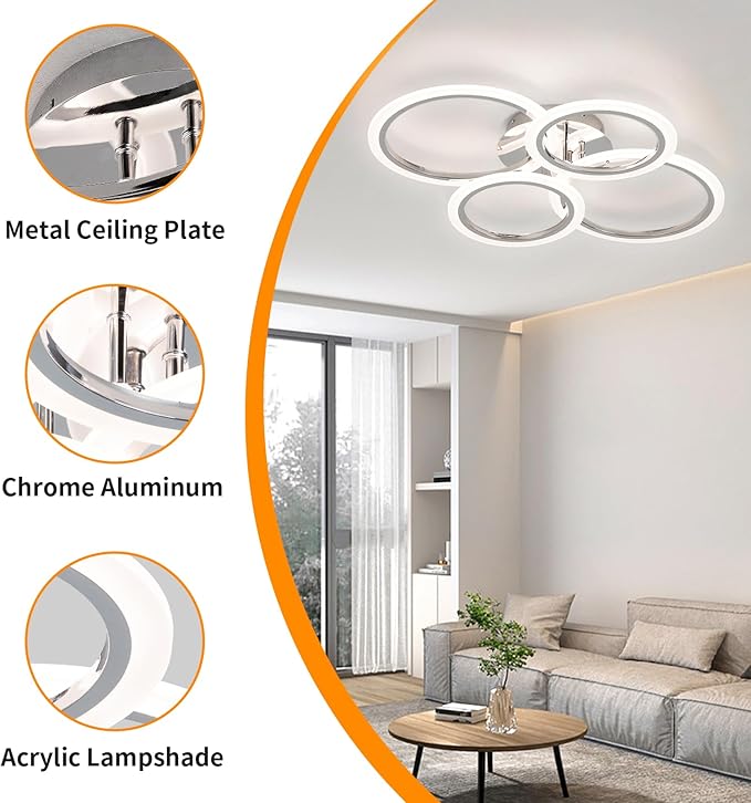 Modern LED Ceiling Light Fixture, 4 Rings Dimmable Flush Mount Ceiling Light with Remote, Acrylic Close to Ceiling Lighting Fixture for Low Ceiling Living Room Bedroom Kitchen (4 Heads)