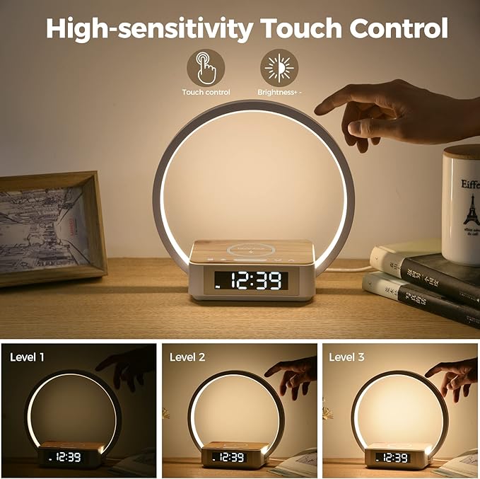 Desk Lamp with Alarm Clock Qi Wireless Charger, Touch Lamp for bedroom 3 Light Hues, Bedside Lamp 10W Max Wireless Charging Table Lamp LED Eye-Caring Reading Nightstand Light for Living Room