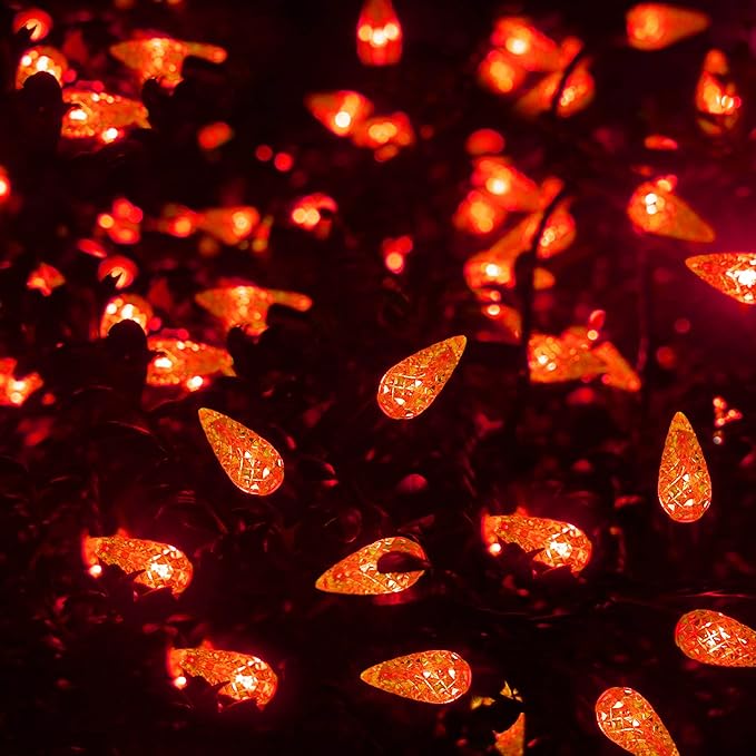 WATERGLIDE Halloween C6 String Lights, 33ft 100 LED Black Wire Fairy Lights with 29V Safe Adaptor, 8 Lighting Mode, Waterproof for Indoor Outdoor Patio Xmas Tree Party Decor, Orange