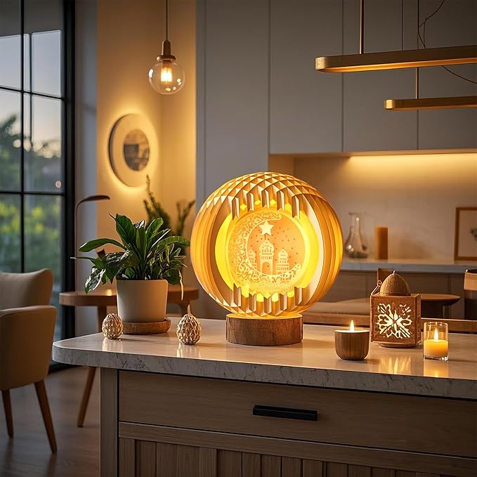 Light Up Ramadan lights with USB Charging for Tabletop, Paper Carving Ramadan Decorations for Home,Ramadan Decor Lamp,Ramadan Gifts for Kids,Ramadan Mubarak Kareem Sign for Eid Table Decorations (not Wood Material)