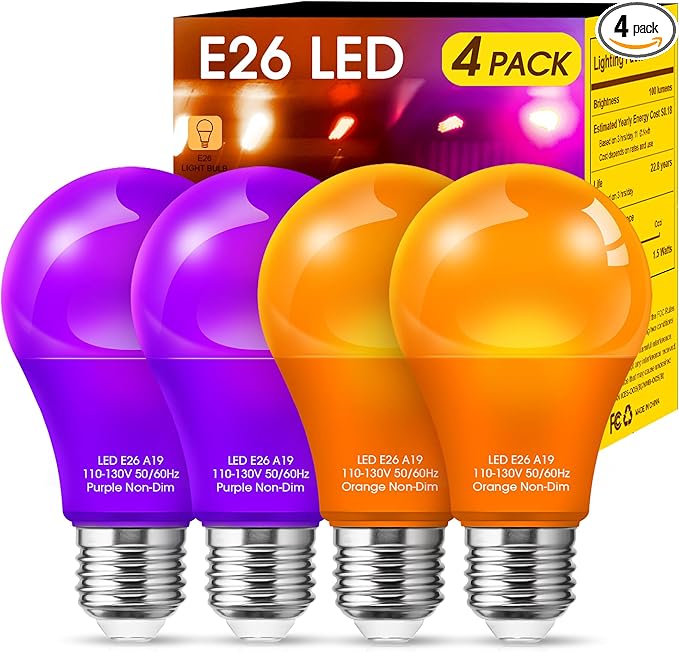 Orange Light Bulbs Purple Light Bulbs [4 Pack] - A19 LED Orange Bulb Purple Bulb 9W (60W Equivalent) - E26 Base Outdoor for Halloween Party Porch Holiday Decor
