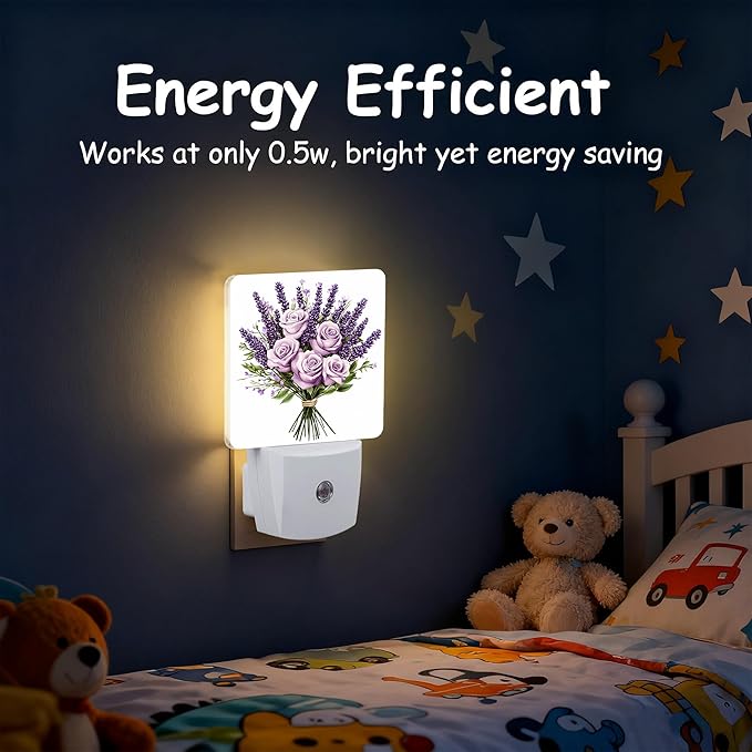 Purple Lavender and Rose Flowers Night Light for Kids, Dusk-to-Dawn Auto Sensor Plug in Night Light, 0.5W Energy Saving Non-Toxic Design for Bedroom/Bathroom, Ideal Gifts for Women, Men & Kids