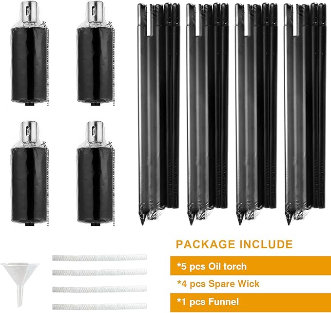 FAB BASED 55 Inch Outdoor Oil Torch Lamp–4 Pack Rustproof Stainless Steel Citronella Torches, 11.16 oz, Includes Funnel & Fiberglass Wicks for Patio Garden Backyard (Black)