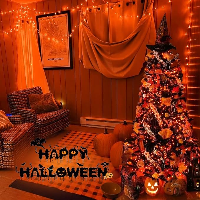 YEGUO 66ft 200 LED Orange Halloween Lights Outdoor Waterproof, Green Wire Christmas String Lights Indoor, 8 Modes Twinkle Tree Lights Plug in with Timer Memory