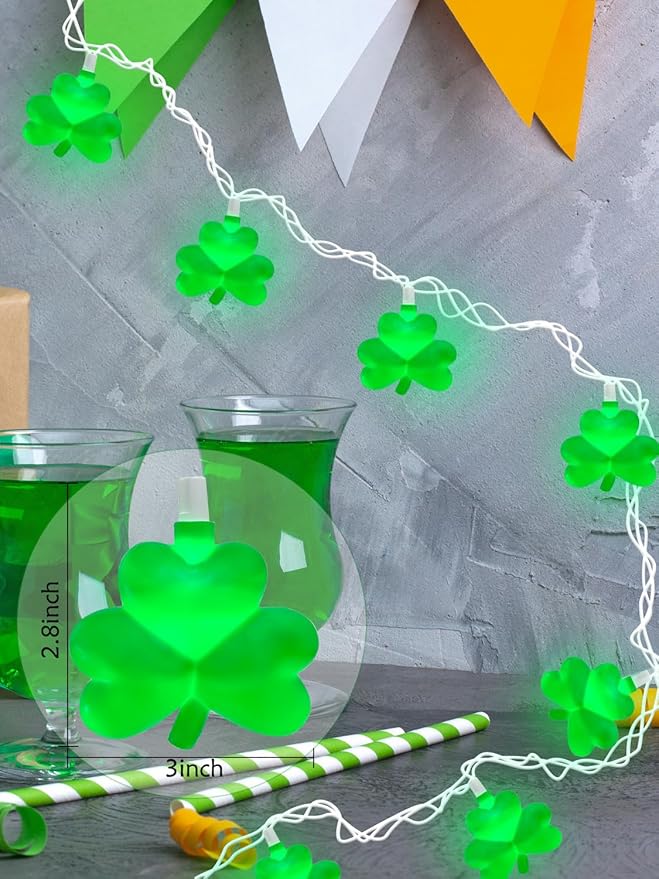 SUNSGNE St. Patrick's Day Lights Shamrocks Decorative String Light, Lucky Clover String Lights with 10 LED Green Fairy Bulbs for Indoor Outdoor St. Patrick's Party Holiday Decor, White Wire