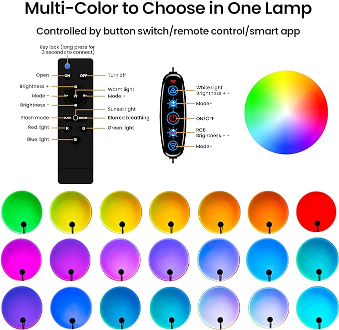 Sunset Lamp Projector with Remote Control, Multiple Colors LED APP Control Sunset Light Three Control Methods Night Light for Room Decor/Christmas Gifts/Photography/Party/Bedroom Decor