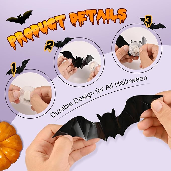 36 Pcs Halloween Bat Wall Decor with LED Lights, 3D Glowing Bat Stickers, Wall Decorations Indoor/Outdoor, LED Halloween Lights Stickers (36 Pcs Bat)
