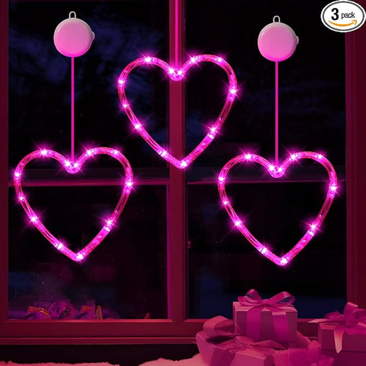 3 Pack Valentines Day Window Lights Decorations with Timer, Battery Powered Hanging Pink Lighted Heart Shaped Sucker LED Lamp for Fireplace Indoor Home Decor
