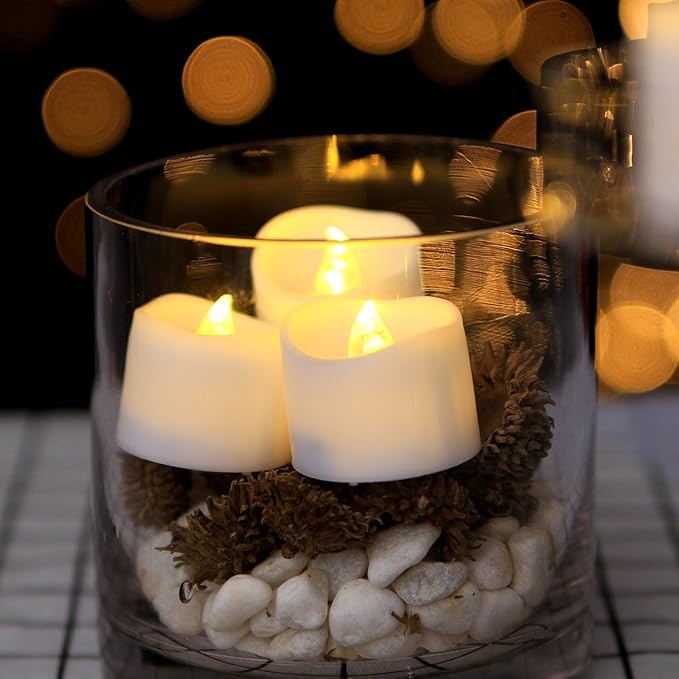 IMAGE Battery Tea Lights with Timer,Flickering Candles 12PCS 6hrs on and 18hrs Off in 24 Hours Cycle Automatically Timing LED Candles Lights with 100 PCS Decorative Fake Rose Petals-Warm White