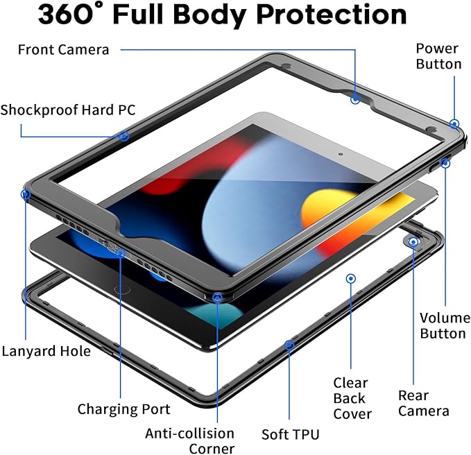 SUPFINE for Waterproof iPad 9th Generation Case, [Built-in Screen Protector] [IP68 Waterproof] Full Body Rugged Shockproof Protective Cover for 10.2 inch iPad 9th/8th/7th(2021/2020/2019), Black/Clear