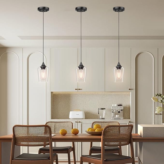 Ralbay Matte Black Industrial Pendant Light 3-Pack, Pendant Light Fixtures with Wine Clear Glass Shade, Adjustable Height for Kitchen Island, Farmhouse Dining Room Hanging Lighting Fixture