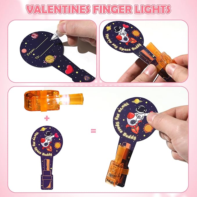 36 Pack Valentines Day Gifts for Kids Classroom LED Space Finger Lights, School Valentines Exchange Cards Gifts Prizes Space Party Favors for Boys Girls
