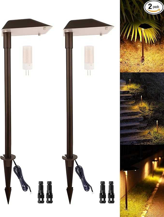 Landscape Path Lights Low Voltage, 12V Wired Outdoor Landscape Pathway Lighting for Outside Yard Walkway Driveway with Replaceable 5W 3000K Warm White LED G4 Bulb, Aluminum, Bronze, 2PK
