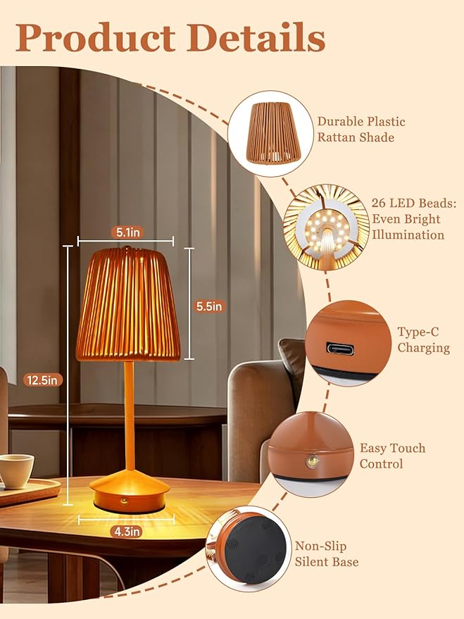 Boho Rattan Table Lamp, Cordless Wicker Woven Vintage Table Lamp - LED Rechargeable Touch Control 3 Color Dimmable Reading Bedside Lamp for Bedroom Living Room Office, Home Outdoor Decor (Brown-2)