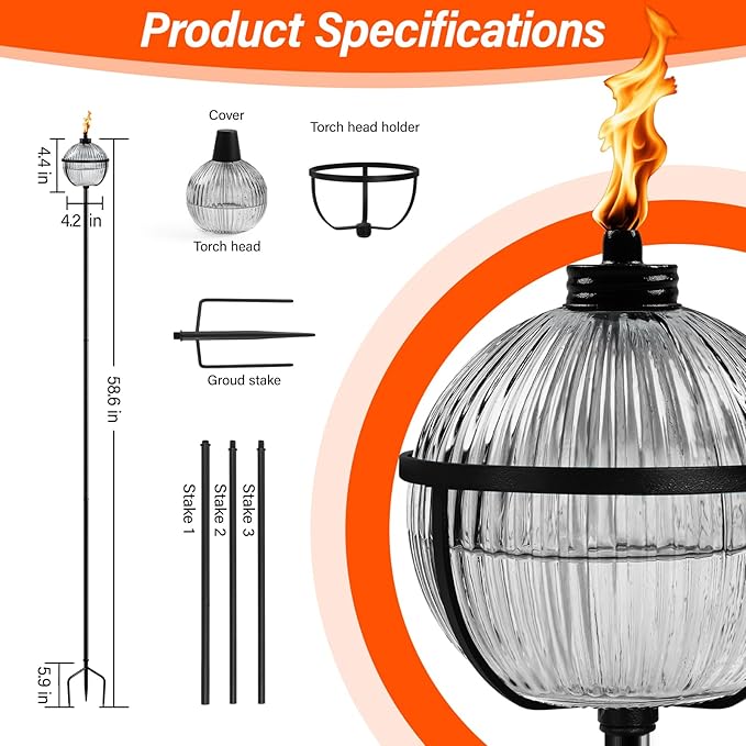 Citronella Torches Set of 4, Large Capacity 16 oz Outdoor Glass Torch Garden Décor，58.6 - Inch Upgraded Citronella Torches with 3-Prong Grounded Stake for Yard, Patio, Gatherin