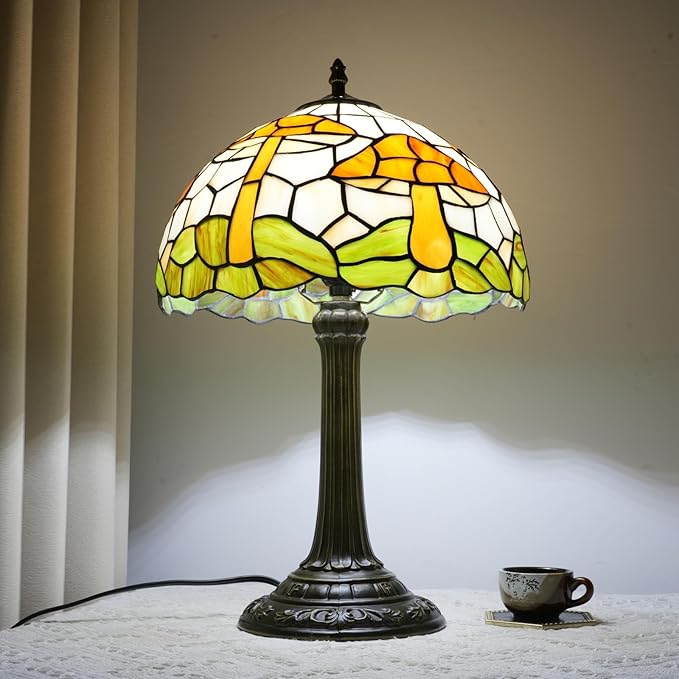 uniquel Vintage Orange mushroom Tiffany lamps Retro Style Stained Glass Table Lamp Cute Aesthetic Bedside Lamp for Bedroom nightstand Night Stand Lighting reading cottage decor desk lamp 12 inch E26
