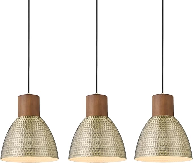 ELYONA Hammered Pendant Lights for Kitchen Island, 7” Solid Wood Vintage Metal Hanging Light Fixture Adjustable Height Antique Gold Pendant Lamp for Farmhouse, Dining Room, Brushed Brass, 3 Pack Small