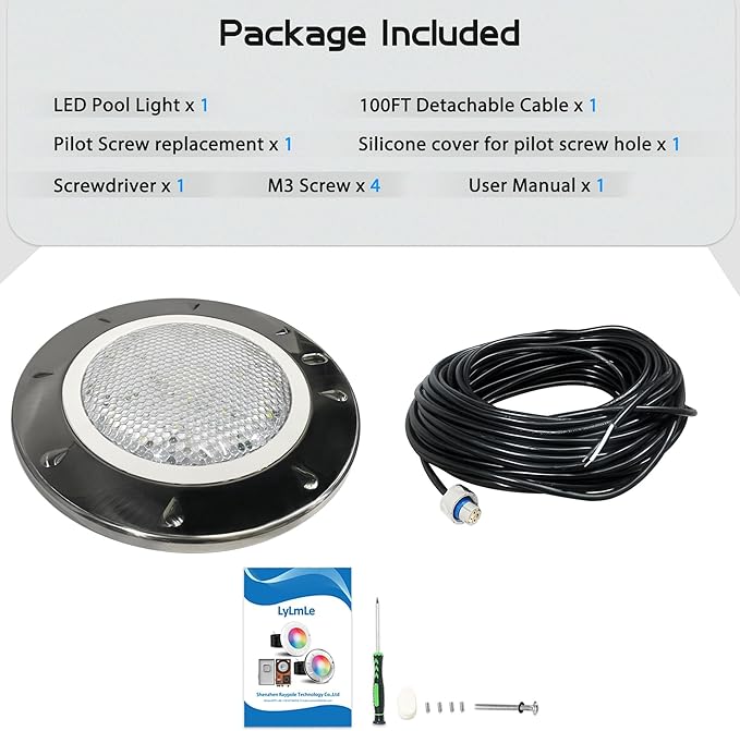 LyLmLe Pool Light for Inground Pools, 65W 10 Inch RGBW Multicolor Inground Pool Light, 316 Stainless Steel, 12V Color Changing LED Pool Lights for 10" Niches, 100ft Cord,Without Transformer Controller