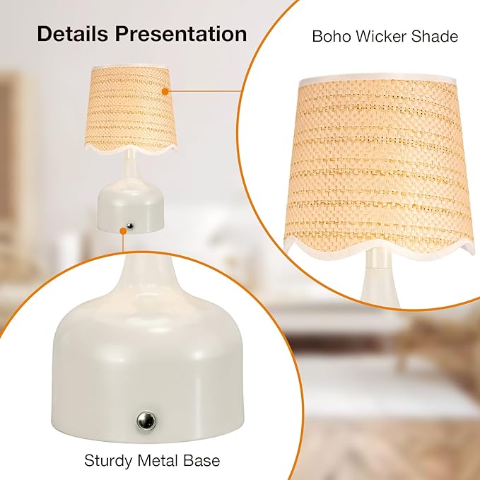 Cordless Boho Table Lamp Beige, Scalloped Wicker Shade, 5200-mAh Rechargeable Battery, 3-Way Dimmable, Build-in Integrated LED 320 Lumen Max, for Bedside Living Room