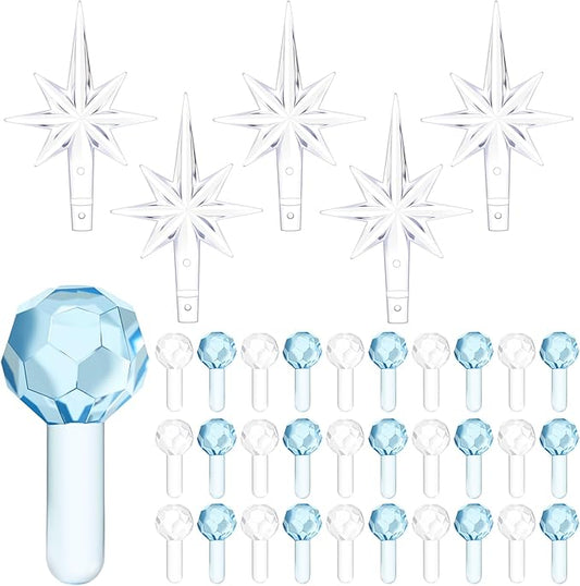 Boao 100 Pcs Ceramic Christmas Tree Bulbs with 5 Pcs Star Topper Light Ornaments Round and Heptagram Christmas Replacement Lights Bulbs for Village Xmas Tree Topper Decorations(Blue and Clear)