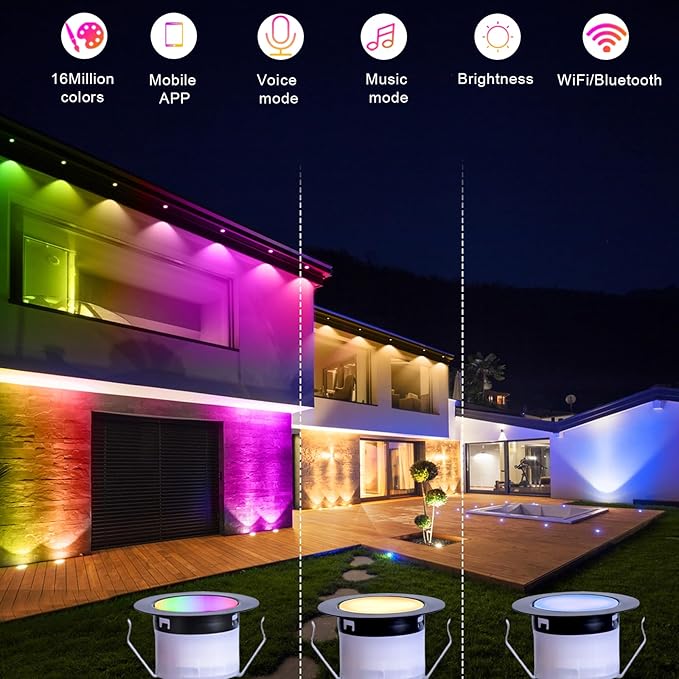 FVTLED Recessed LED Deck Lights Kit, Φ1.77 Low Voltage WiFi Pixel RGBW+IC Deck Lighting Work with Alexa/Google Home, IP67 Waterproof Outdoor Step Lights DC12V for Garden,Steps,Stair(6 Pack, Black)