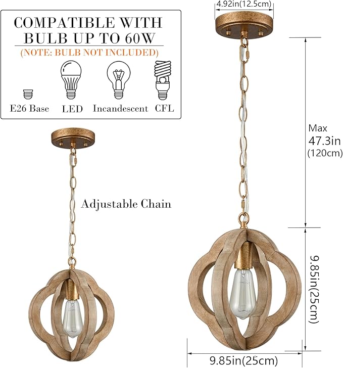SAMTEEN Farmhouse Wood Pendant Lights Kitchen Island, Vintage Wooden Pendant Lighting Rustic 1-Light Wood Hanging Ceiling Light Fixture for Hallway Bedroom Entrance, Adjustable Chain