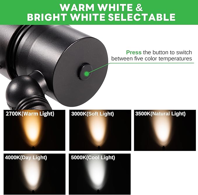 Landscape Spotlights Low Voltage - Warm & Cool White Uplight Adjustable Temp, 12V Outdoor LED Spot Lights Wired, IP65 Waterproof Aluminum, Black for Exterior House Tree Garden Yard