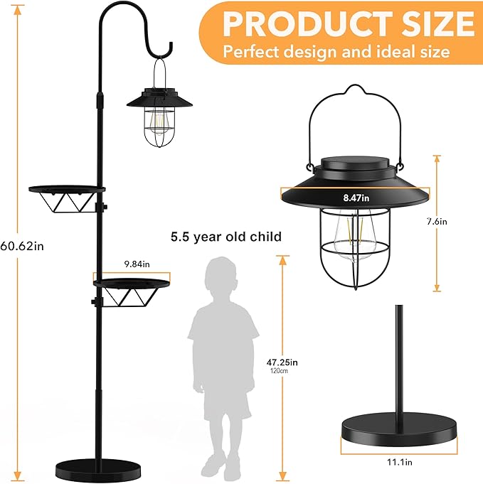 61" Solar Lights Outdoor with Plant Stands - Metal Shepherd Hook with Hanging Solar Lantern, Waterproof Solar Floor Lamp Garden Lights for Patio Deck Yard Porch Backyard & Indoor Decor