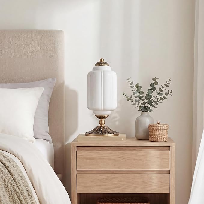 Milk Glass Table Lamp - Modern Farmhouse Design with Antique Brass Finish Base, White Desk Light for Living Room & Bedroom Decor (White 15")