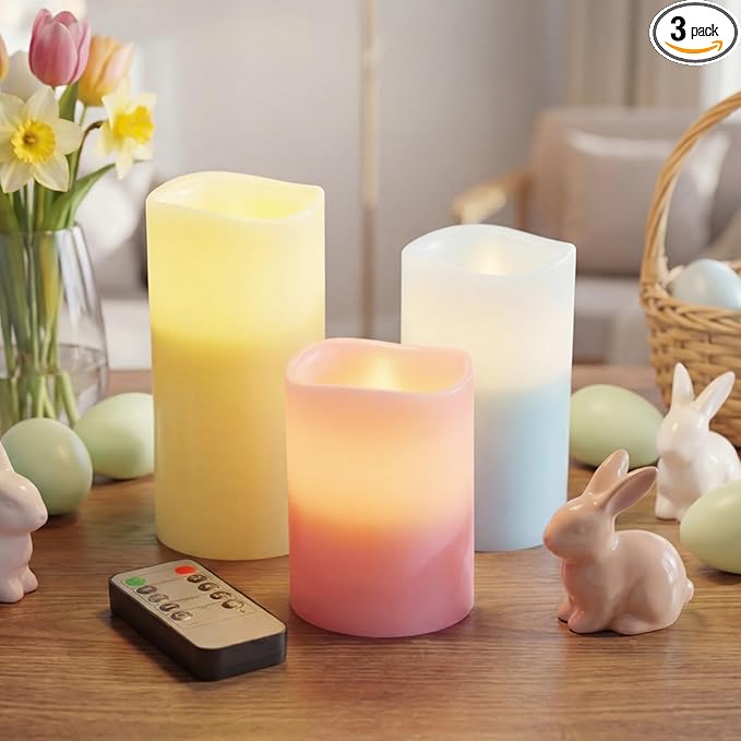 VIHOSE Pastel Flameless Candles Battery Operated Flameless Pillar Candles Real Wax Fake Candle with Remote and Timer Flickering for St. Patrick's Easter Gift Home Party