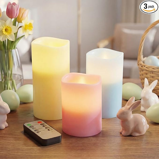 VIHOSE Pastel Flameless Candles Battery Operated Flameless Pillar Candles Real Wax Fake Candle with Remote and Timer Flickering for St. Patrick's Easter Gift Home Party