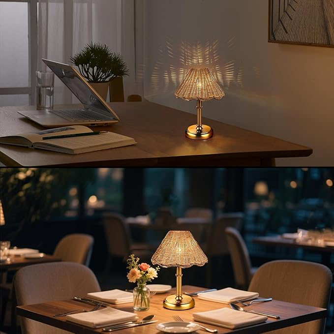 Mini Cordless Boho Rattan Table lamp, 5200-mAh Rechargeable Battery, 3-Level Brightness Dimmable, Build-in Integrated LED 320 Lumen Max, Rattan Shade, for Bedside Restaurant Dining Table